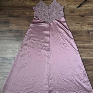 Vintage Mauve Satin Slip Dress Lace Bodice Spaghetti Strap Maxi Bias Cut Small